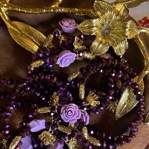 Purple and Gold Beaded Bracelet with Floral Accents Metallic Beads